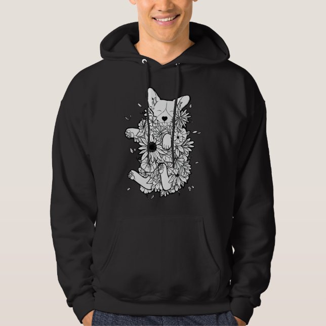Blommigt Corgi Hoodie (Framsida)