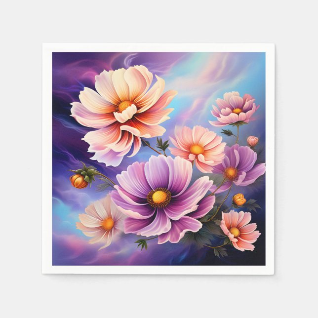 Blommigt Cosmos Swirling Clouds on Lila and Blue Pappersservett (Framsidan)