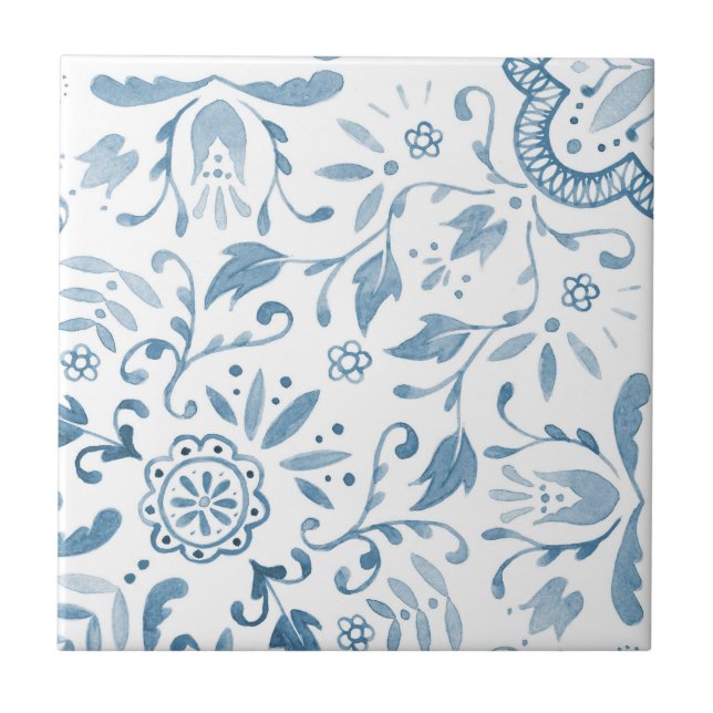 Blommigt Cottage Vintage Blue Mönster Kakelplatta (Framsidan)