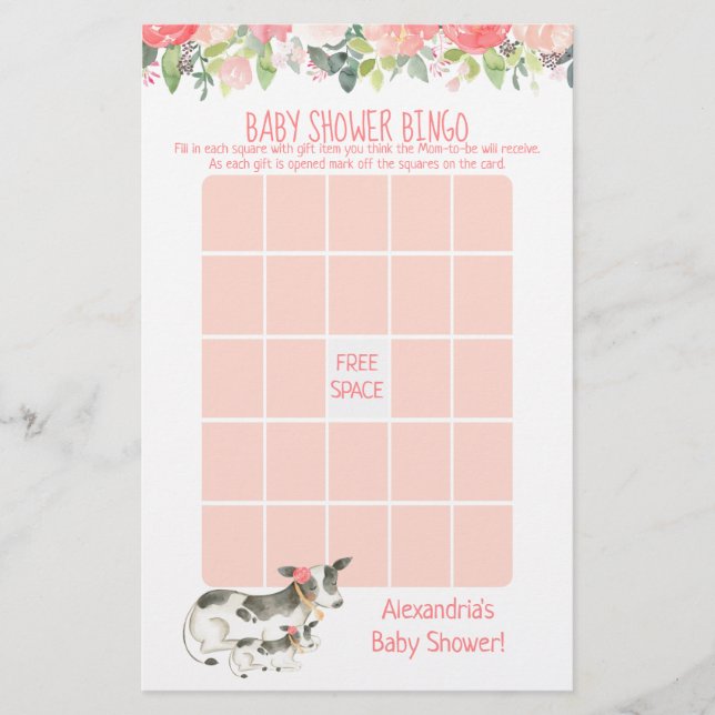 Blommigt Cow Baby Shower Bingo Game (Framsida)