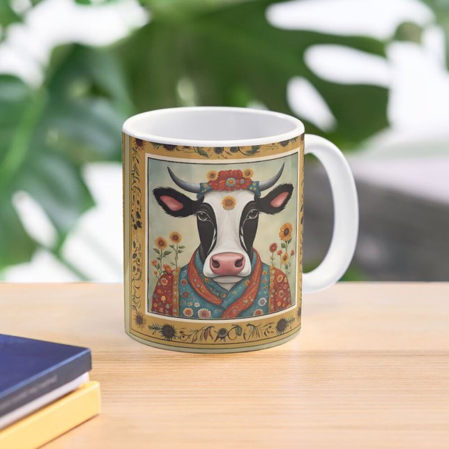 Blommigt Cow Folk Art Två-Tonad Mugg (Skapare uppladdad)