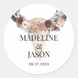 Blommigt Cow Skull-bröllopsförmån Runt Klistermärke