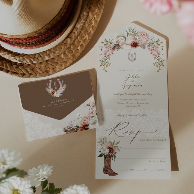 Blommigt Cowboy Hat Land Westerna Monogram Bröllop (Floral Cowboy Hat Country Western Monogram Wedding All In One Invitation)