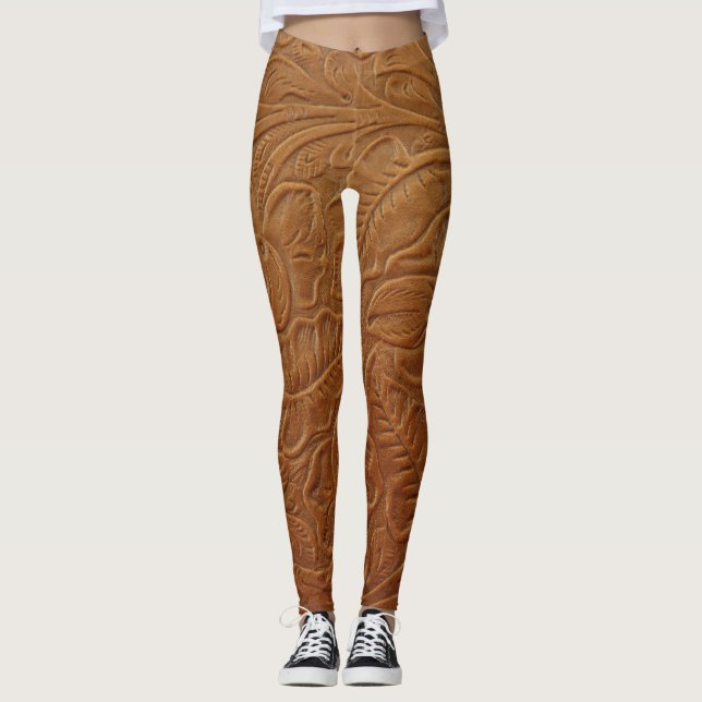 Blommigt cowboydekan, western dekorfärg, brunt läd leggings (Framsida)