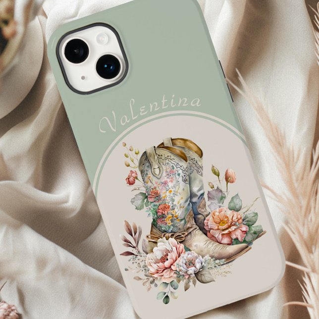 Blommigt Cowgirl Boots in Arch Grönt Personlig (Personalized iphone case with floral gowgirl boots by Darling & May)