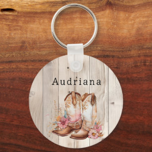 Blommigt Cowgirl Boots Ivory Faux Wood Personlig Nyckelring