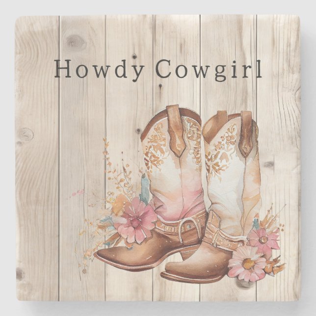 Blommigt Cowgirl Boots Ivory Faux Wood Personlig Stenunderlägg (Framsidan)