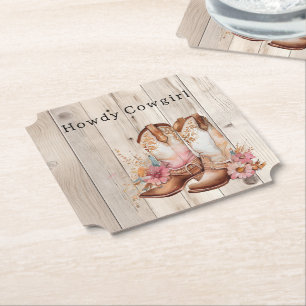 Blommigt Cowgirl Boots Ivory Faux Wood Personlig Underlägg Papper