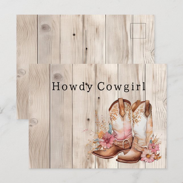 Blommigt Cowgirl Boots Ivory Faux Wood Personlig Vykort (Fram/baksida)