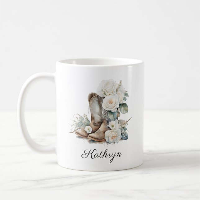 Blommigt Cowgirl Boots Peonies Personal Coffee Mug Kaffemugg (Vänster)