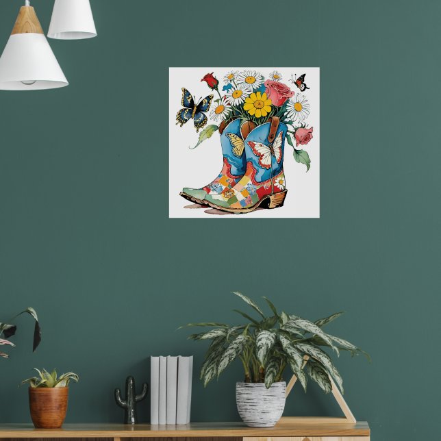 Blommigt Cowgirl Boots with Daisys & Butterflies Poster (Vardagsrum 1)