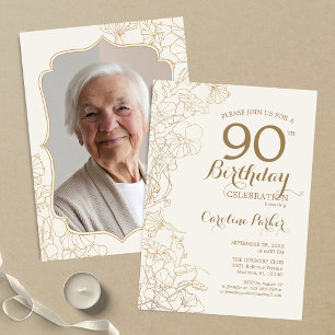 Blommigt Cream Guld Photo 90:e Födelsedagsfest Inbjudningar