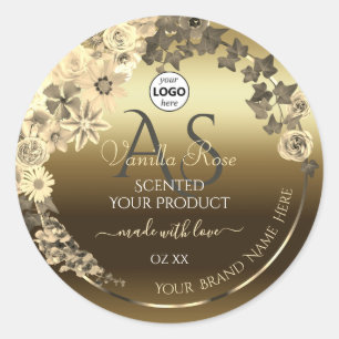 Blommigt Cream Guld produktetiketter, Monogram och Runt Klistermärke