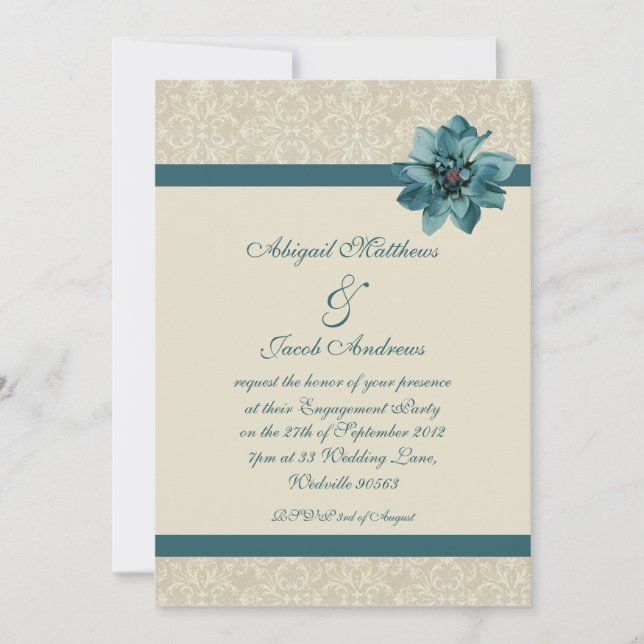 Blommigt Cream och Teal Blue Förlovningsfest Inbju Inbjudningar (Framsida)