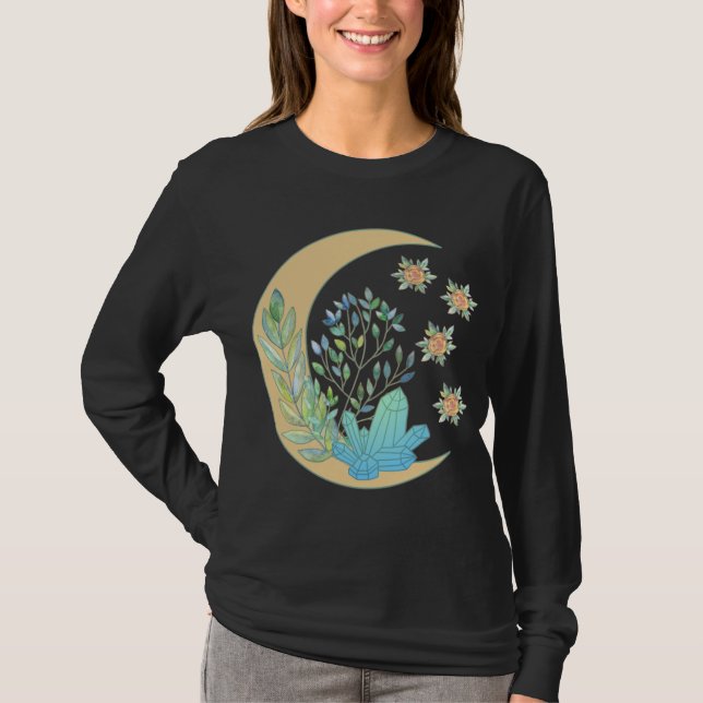 Blommigt Crescent Måne Healing Crystal Garden Witc T Shirt (Framsida)