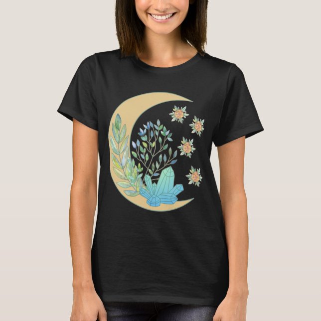 Blommigt Crescent Måne Healing Crystal Garden Witc T Shirt (Framsida)