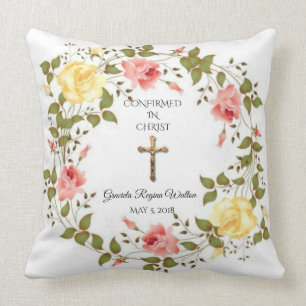 Blommigt Crucifix Gult Rosa ros Kudde