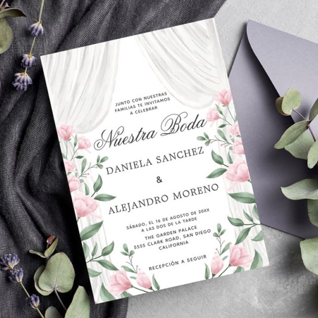  Blommigt Curtain Nuestra Boda Spain Bröllop Inbjudningar (Skapare uppladdad)