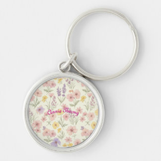 Blommigt Cute Aesthetic Keychain Rund Silverfärgad Nyckelring