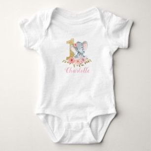 Blommigt Cute Baby Elephant 1:a födelsedag T Shirt