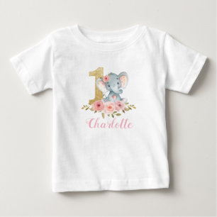 Blommigt Cute Baby Elephant 1:a födelsedagen Baby T Shirt