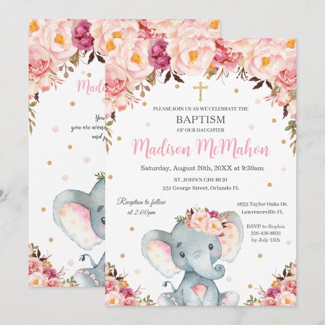  Blommigt Cute Elephant Christening Baptism Inbjudningar (Fram/baksida)
