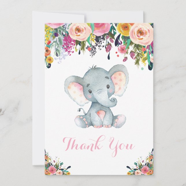 Blommigt Cute Elephant Flicka Rosa och Grått Tack Kort (Framsida)