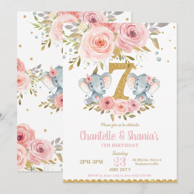 Blommigt Cute Elephant Twin Girls 7:e födelsedag Inbjudningar (Fram/baksida)
