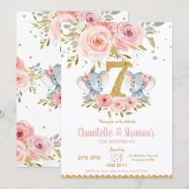  Blommigt Cute Elephant Twin Girls 7:e födelsedag Inbjudningar