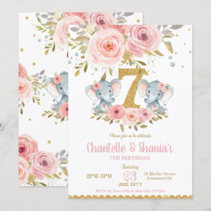 Blommigt Cute Elephant Twin Girls 7:e födelsedag Inbjudningar