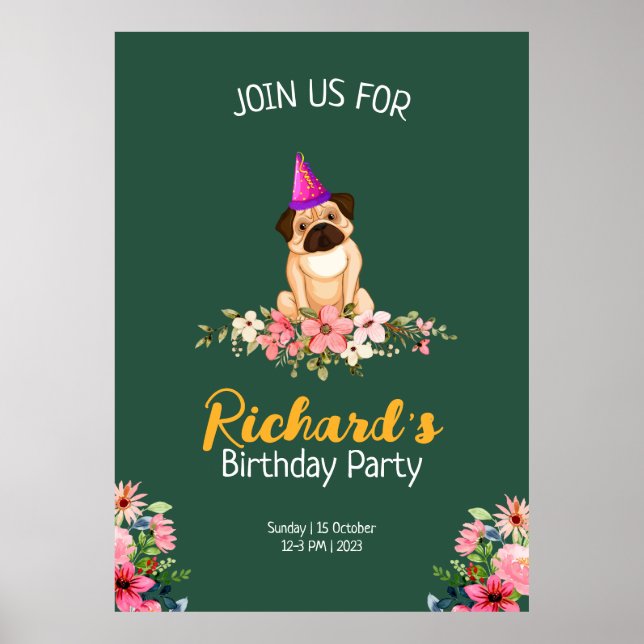 Blommigt Cute Puppy Barns födelsedag Poster (Framsidan)