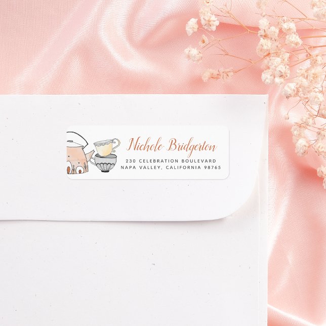 Blommigt Cute Tekanna Calligraphy-Returadress Returadress Etikett (Return Address Label Mock-up)