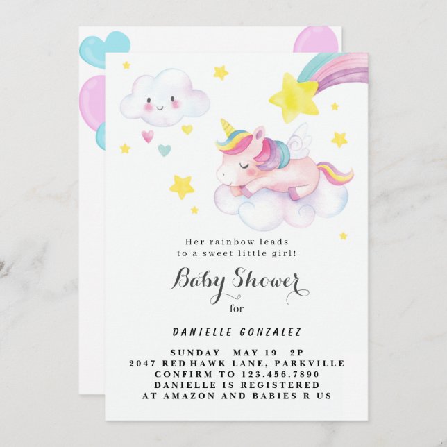 Blommigt Cute Unicorn Baby Shower-inbjudan Flicka Inbjudningar (Fram/baksida)