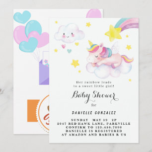 Blommigt Cute Unicorn Baby Shower-inbjudan Flicka Inbjudningar