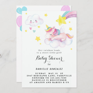 Blommigt Cute Unicorn Baby Shower-inbjudan Flicka Inbjudningar
