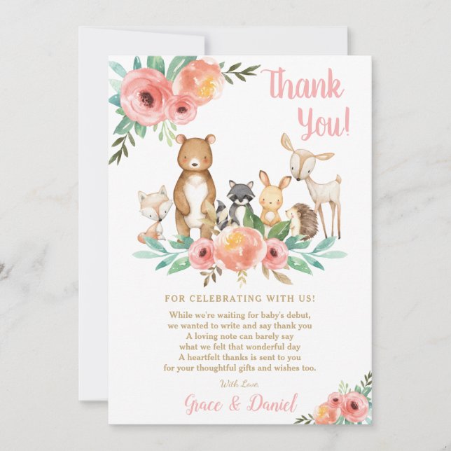 Blommigt Cute Woodland Animals Baby Shower Girl Tack Kort (Framsida)