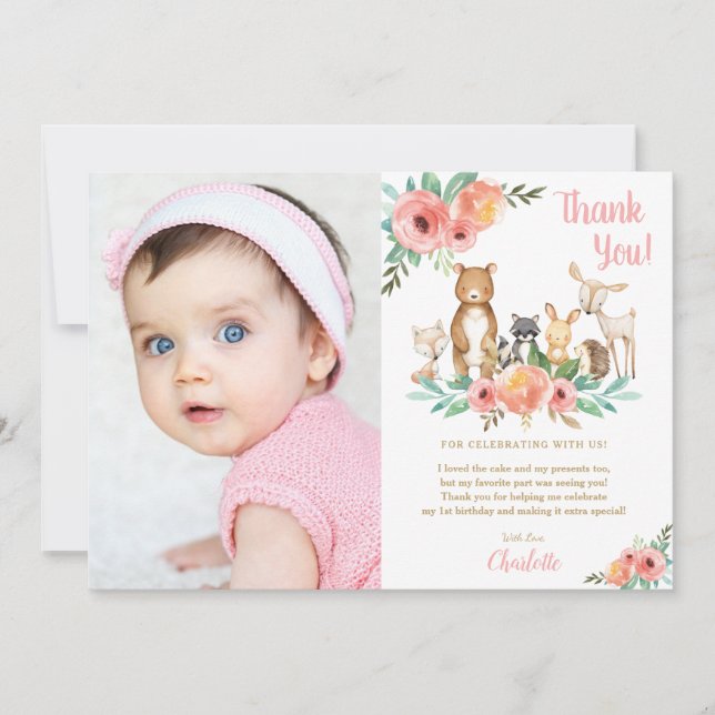 Blommigt Cute Woodland Animals Birthday Photo Tack Kort (Framsida)