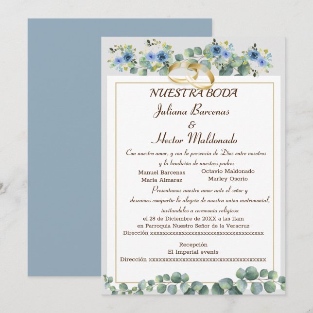 BLOMMIGT CYAN BLUE NUESTRA BODA INBJUDNINGAR (Fram/baksida)