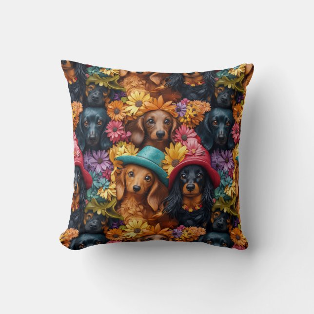 Blommigt Dachshund Seamless Mönster - Hundälskare Kudde (Framsida)