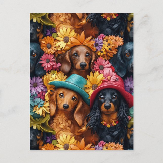 Blommigt Dachshund Seamless Mönster - Hundälskare Vykort (Framsida)