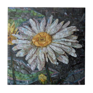 Blommigt Daisy Art Collage Blue-Grönt Kakelplatta