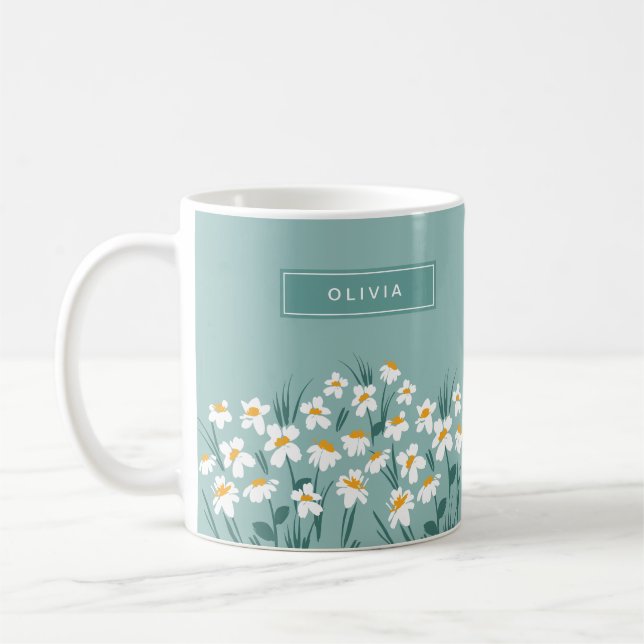Blommigt daisy, modern personlig, söt elegant blåt kaffemugg (Vänster)