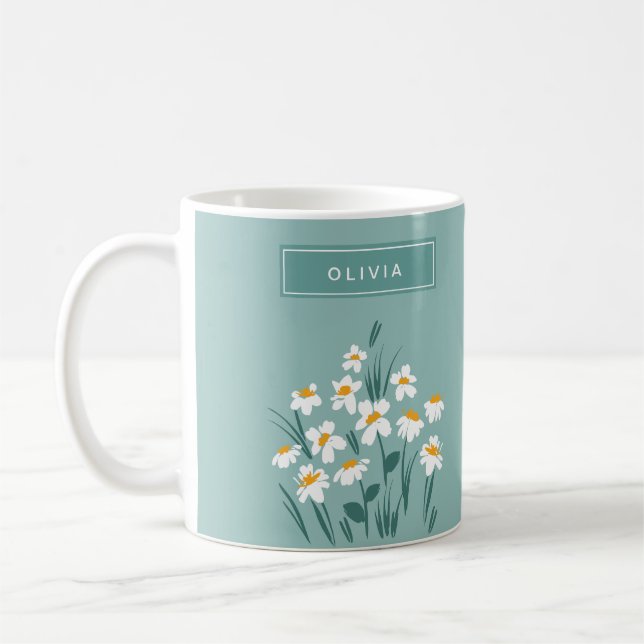 Blommigt daisy, modern personlig, söt elegant blåt kaffemugg (Vänster)