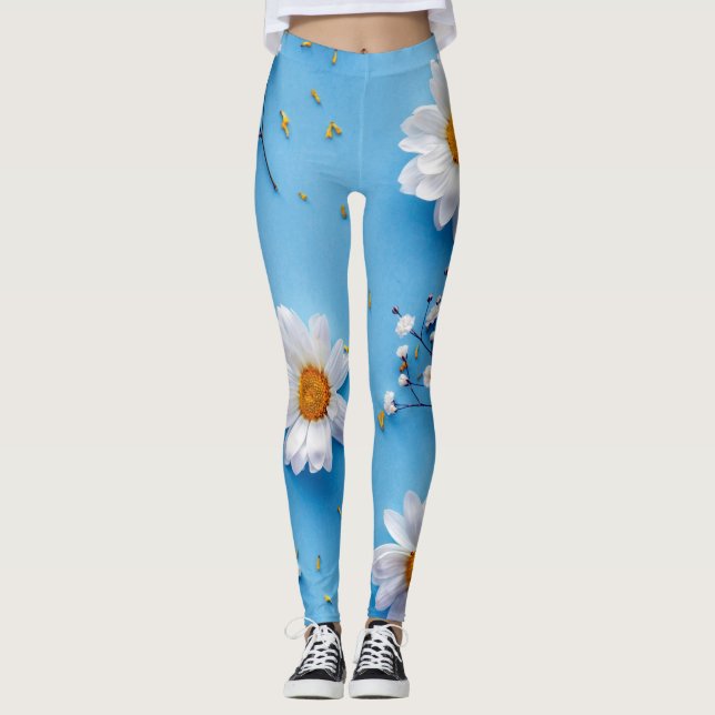 Blommigt Daisy Mönster - ljusblå blått Leggings (Framsida)