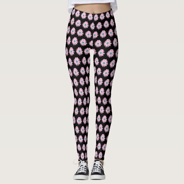 Blommigt Daisy Rosa Blue Design Illustration Mönst Leggings (Framsida)