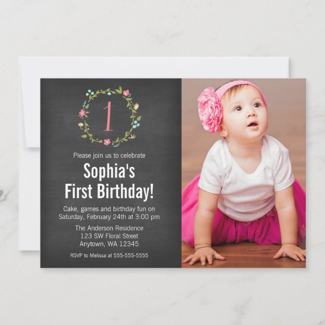 Blommigt Dålig andningspanel Foto 1:a födelsedagen Inbjudningar (Framsida)