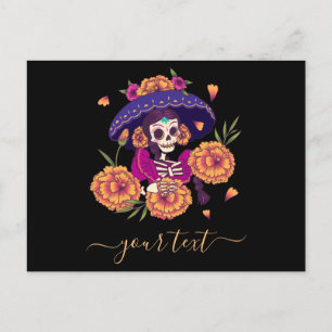 Blommigt Dam Skeleton Dia de los Muertos Postcard Helg Vykort