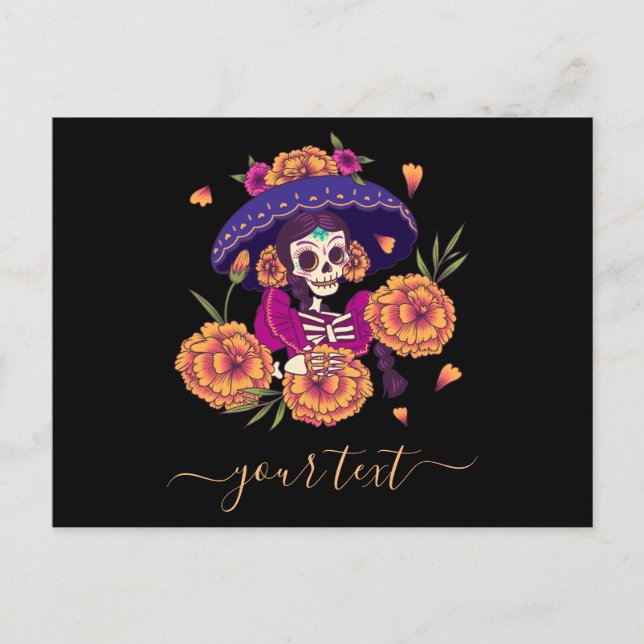 Blommigt Dam Skeleton Dia de los Muertos Postcard Helg Vykort (Framsida)