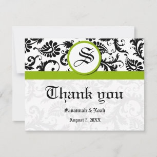 Blommigt Damask Black and White med Grönt Trim Tack Kort