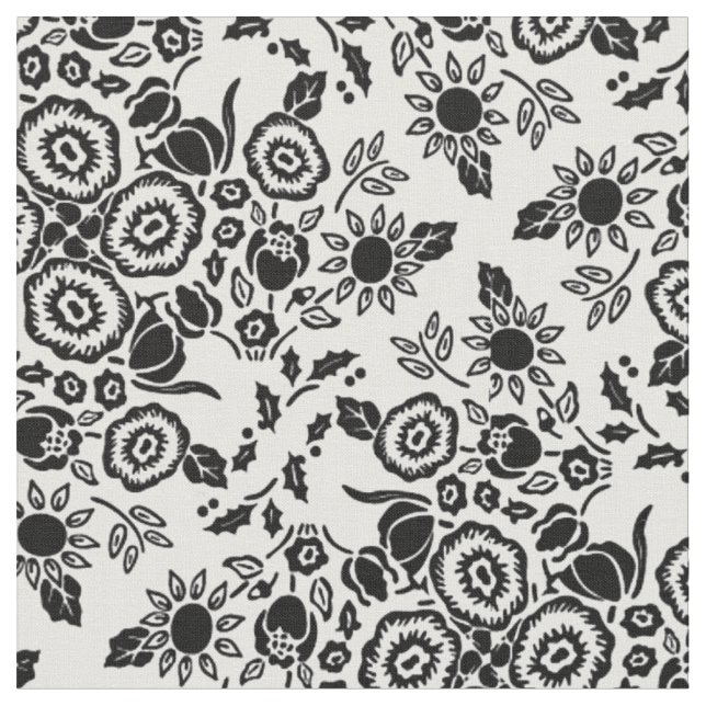 Blommigt Damask Black White Fabric Tyg (Närbild)
